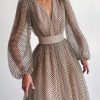 Polka Dot High Waist Midi Dresses Women V-Neck Sweet Long Puff Sleeve Elegant Dress Female 2021 Christmas Lady Party Vestidos - Takalr