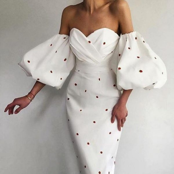 Polka Dot High Waist Midi Dresses Women V-Neck Sweet Long Puff Sleeve Elegant Dress Female 2021 Christmas Lady Party Vestidos - Takalr