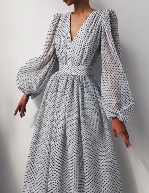 Polka Dot High Waist Midi Dresses Women V-Neck Sweet Long Puff Sleeve Elegant Dress Female 2021 Christmas Lady Party Vestidos - Takalr