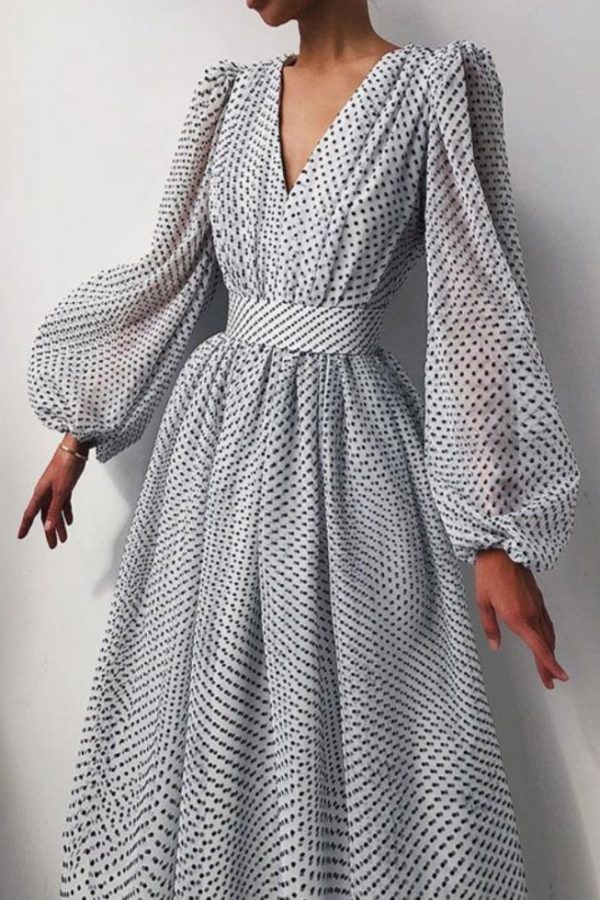 Polka Dot High Waist Midi Dresses Women V-Neck Sweet Long Puff Sleeve Elegant Dress Female 2021 Christmas Lady Party Vestidos - Takalr