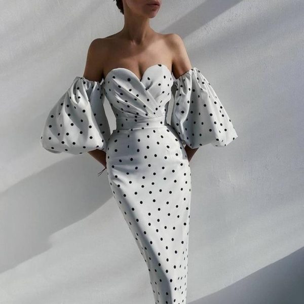 Polka Dot High Waist Midi Dresses Women V-Neck Sweet Long Puff Sleeve Elegant Dress Female 2021 Christmas Lady Party Vestidos - Takalr