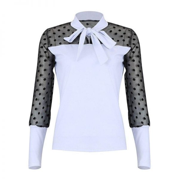 Polka Dots Mesh Sheer Blosue Shirt Women Elegant Ladies Workwear Office Shirt Casual Spring Long Sleeve Blusa Femme - Takalr