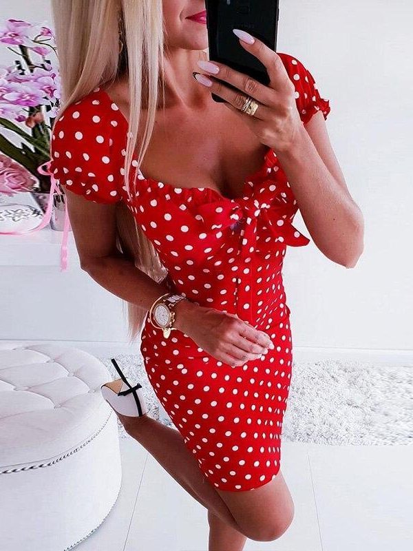 Polka dot pront front bow summer dress 2019 Sexy low cut bodycon party dress Women slim fit red black dots dresses vestidos - Takalr