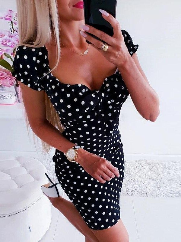 Polka dot pront front bow summer dress 2019 Sexy low cut bodycon party dress Women slim fit red black dots dresses vestidos - Takalr