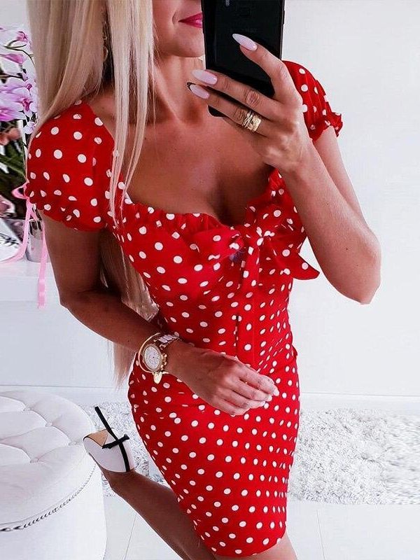 Polka dot pront front bow summer dress 2019 Sexy low cut bodycon party dress Women slim fit red black dots dresses vestidos - Takalr