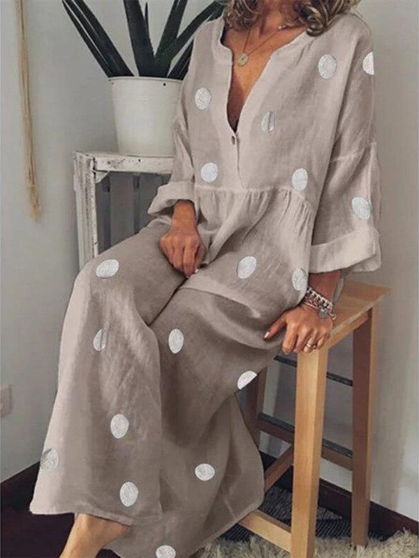 Polka dot summer dress Casual loose long sleeve bohemian maxi dress Women v neck boho beach dresses robe vintage femme - Takalr