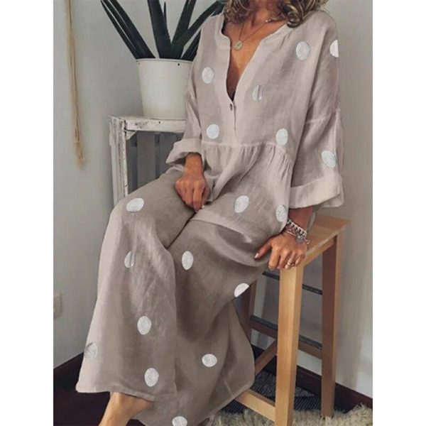 Polka dot summer dress Casual loose long sleeve bohemian maxi dress Women v neck boho beach dresses robe vintage femme - Takalr