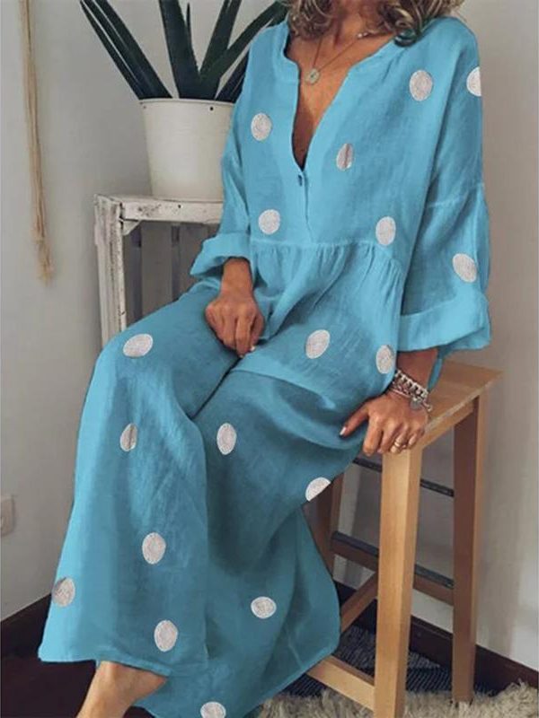 Polka dot summer dress Casual loose long sleeve bohemian maxi dress Women v neck boho beach dresses robe vintage femme - Takalr