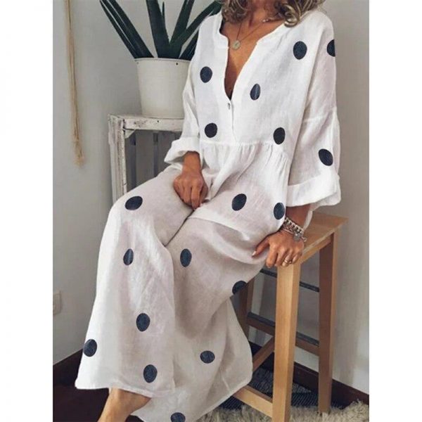 Polka dot summer dress Casual loose long sleeve bohemian maxi dress Women v neck boho beach dresses robe vintage femme - Takalr