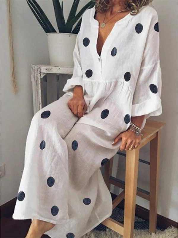 Polka dot summer dress Casual loose long sleeve bohemian maxi dress Women v neck boho beach dresses robe vintage femme - Takalr