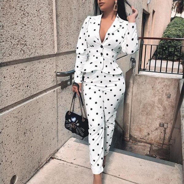 Polka dots print 2 piece pants set Women buttoned long sleeve tops and pencil pants tracksuit Elegant ladies two piece set - Takalr