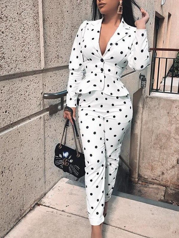 Polka dots print 2 piece pants set Women buttoned long sleeve tops and pencil pants tracksuit Elegant ladies two piece set - Takalr