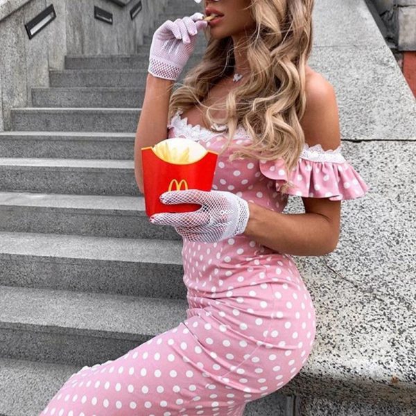 Polka dots print off shoulder dress women Ruffles sleeve side slit slim fit midi dress Elegant bodycon party dresses Vestidos - Takalr