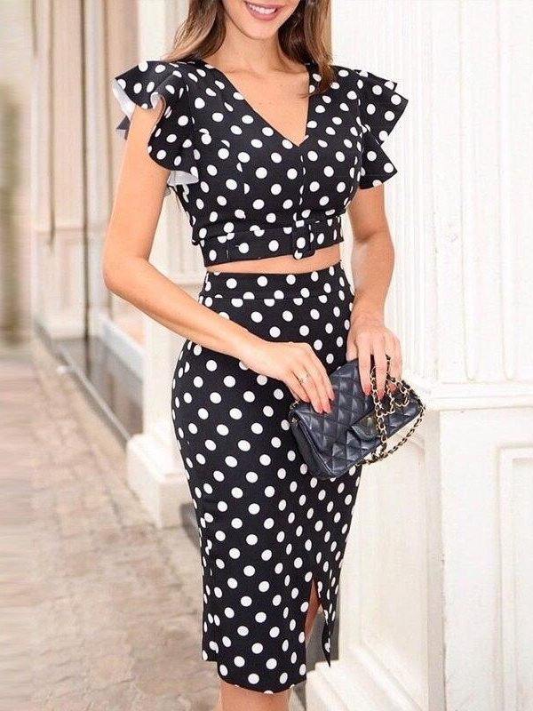 Polka dots skirt Two piece set women Ruffles buttom blouse and pencil skirt 2 piece outfits for women tracksuit Summer suits - Takalr