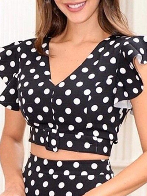 Polka dots skirt Two piece set women Ruffles buttom blouse and pencil skirt 2 piece outfits for women tracksuit Summer suits - Takalr