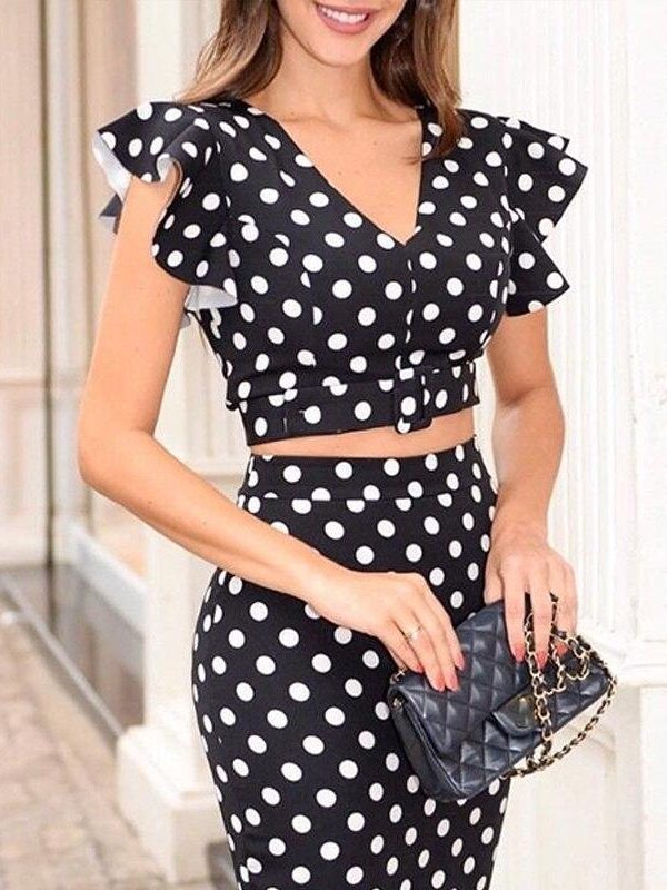 Polka dots skirt Two piece set women Ruffles buttom blouse and pencil skirt 2 piece outfits for women tracksuit Summer suits - Takalr