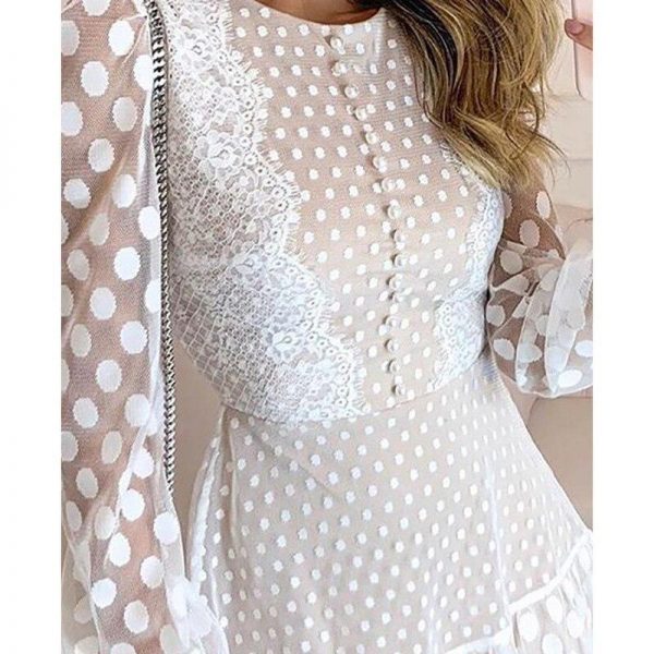 Polks dos sheer mesh eyelash lace dress Women long sleeve ruffles summer dress Elegant o neck A line shirt dresses vestidos - Takalr