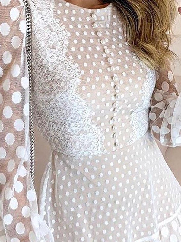 Polks dos sheer mesh eyelash lace dress Women long sleeve ruffles summer dress Elegant o neck A line shirt dresses vestidos - Takalr