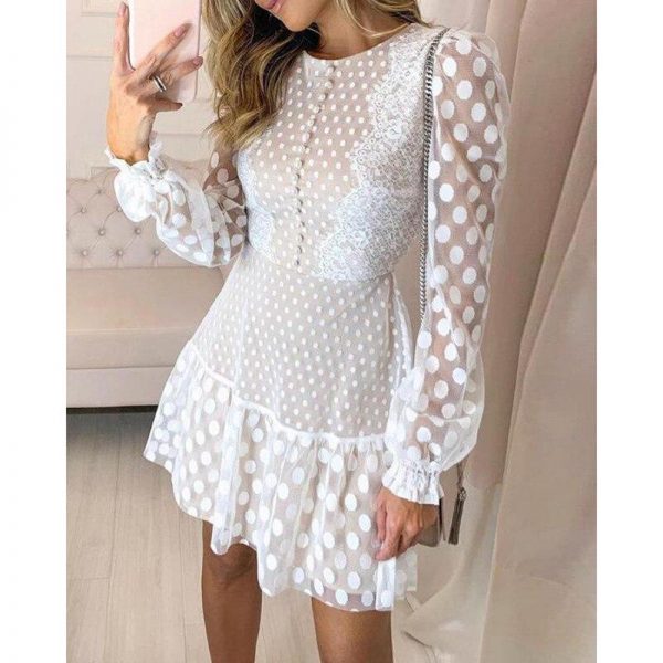 Polks dos sheer mesh eyelash lace dress Women long sleeve ruffles summer dress Elegant o neck A line shirt dresses vestidos - Takalr