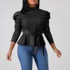 Pu Leather Long Sleeve Short Women Sashes Tied Waisted Puff Sleeve Top Womens Shirt Elegant Ruffles Leather Shirt - Takalr