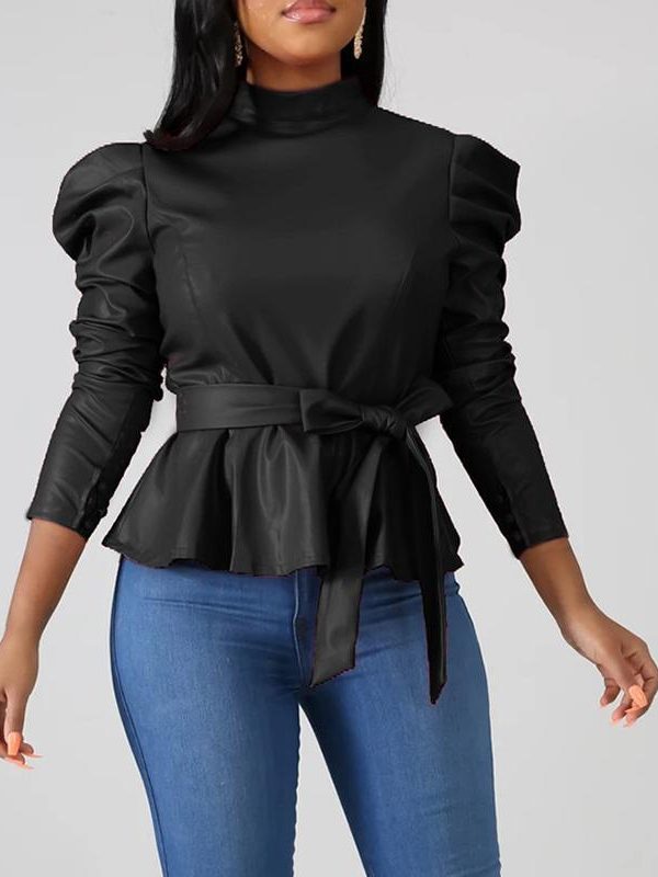 Pu Leather Long Sleeve Short Women Sashes Tied Waisted Puff Sleeve Top Womens Shirt Elegant Ruffles Leather Shirt - Takalr