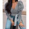 Puff Sleeve Striped Tie Waist Top V Neck Long Sleeve T Shirt Women Elegant Ladies Casual Blusas Mujer - Takalr