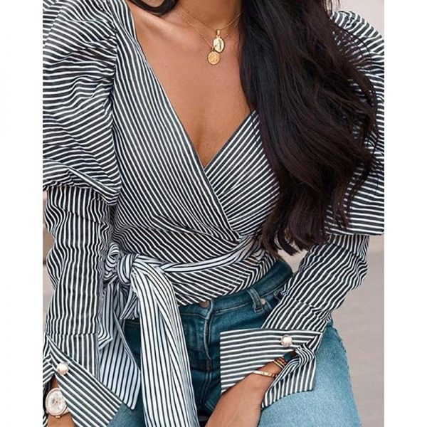 Puff Sleeve Striped Tie Waist Top V Neck Long Sleeve T Shirt Women Elegant Ladies Casual Blusas Mujer - Takalr