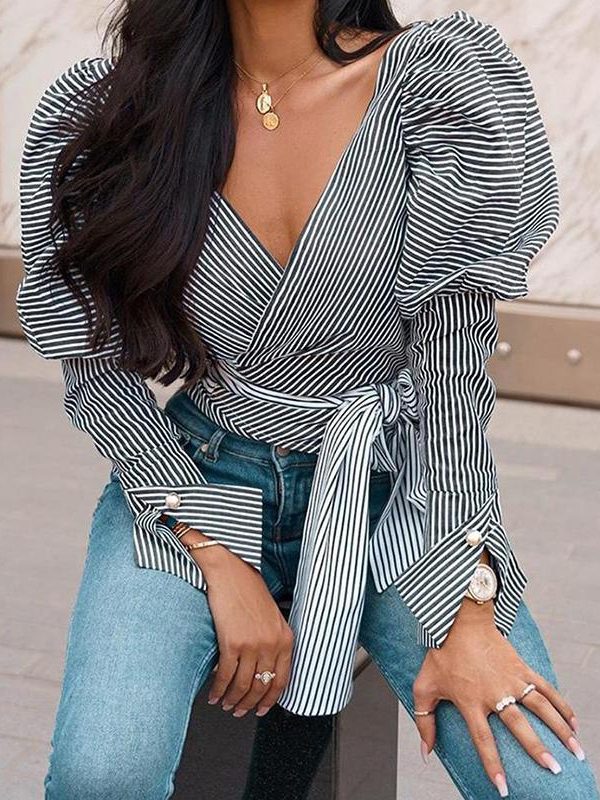 Puff Sleeve Striped Tie Waist Top V Neck Long Sleeve T Shirt Women Elegant Ladies Casual Blusas Mujer - Takalr