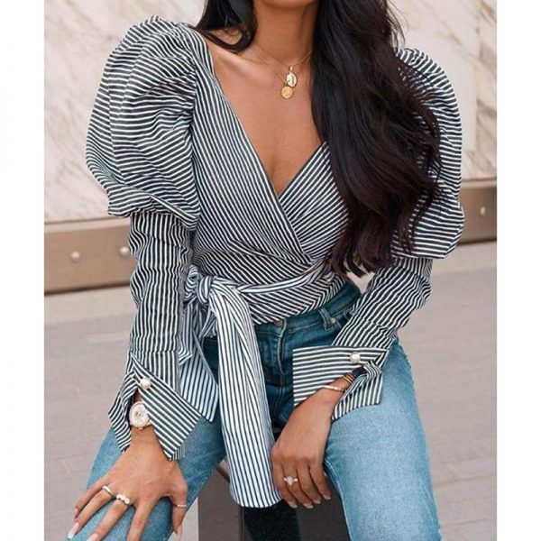 Puff Sleeve Striped Tie Waist Top V Neck Long Sleeve T Shirt Women Elegant Ladies Casual Blusas Mujer - Takalr