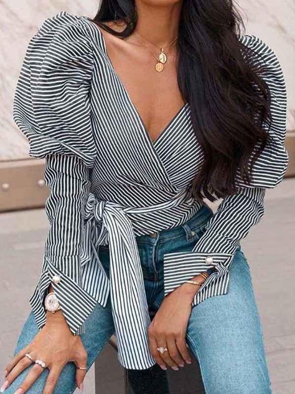 Puff Sleeve Striped Tie Waist Top V Neck Long Sleeve T Shirt Women Elegant Ladies Casual Blusas Mujer - Takalr