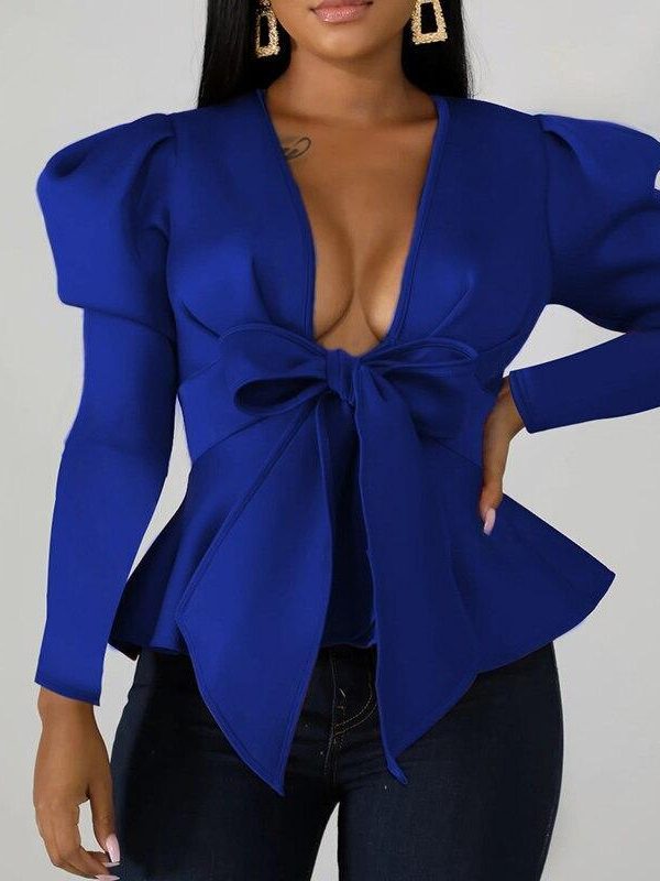 Puff Sleeve V Neck Plunging Tops Women Front Big Bow Knot Long Sleeve T Shirt Elegant Party Tops Autumn  Blusas Mujer - Takalr