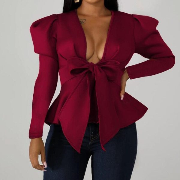 Puff Sleeve V Neck Plunging Tops Women Front Big Bow Knot Long Sleeve T Shirt Elegant Party Tops Autumn  Blusas Mujer - Takalr