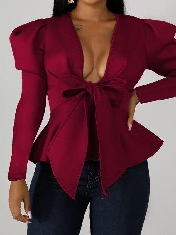 Puff Sleeve V Neck Plunging Tops Women Front Big Bow Knot Long Sleeve T Shirt Elegant Party Tops Autumn  Blusas Mujer - Takalr