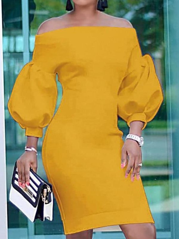 Puff sleeve off shoulder bodycon dress Women solid red yellow slim fit party dress Summer women clohes Elegant vestidos - Takalr