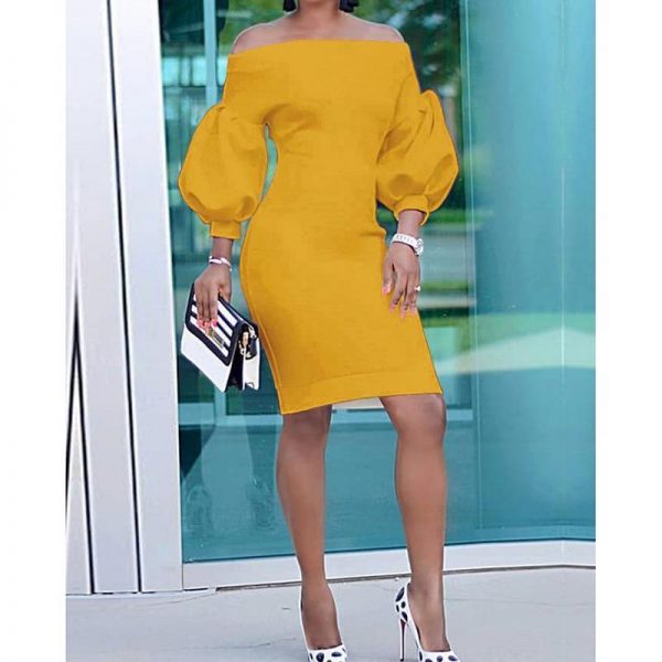 Puff sleeve off shoulder bodycon dress Women solid red yellow slim fit party dress Summer women clohes Elegant vestidos - Takalr