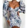 Pull sleeve floral prnt bodycon dress women Slim fit strapless  party dress Autumn Elegant womens dresses mini vestidos - Takalr