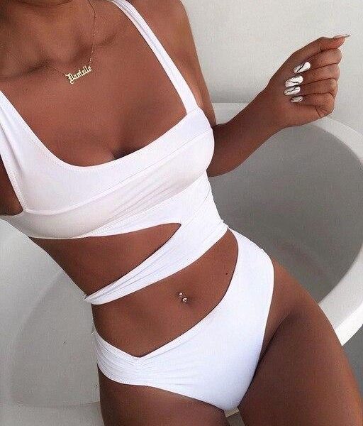 2021 Cut Out One Piece Swimsuit Female Sexy Push Up Monokini White High Cut Swimwear Women Beachwear New Bathing Suits - Takalr