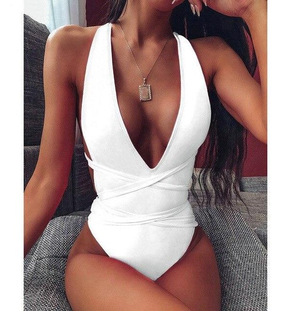 2021 Sexy Plunging Swimsuit One Piece High Cut Swimwear Women Cross Bandage Beachwear Summer Backless Bathing Suit Women - Takalr