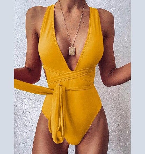 2021 Sexy Plunging Swimsuit One Piece High Cut Swimwear Women Cross Bandage Beachwear Summer Backless Bathing Suit Women - Takalr