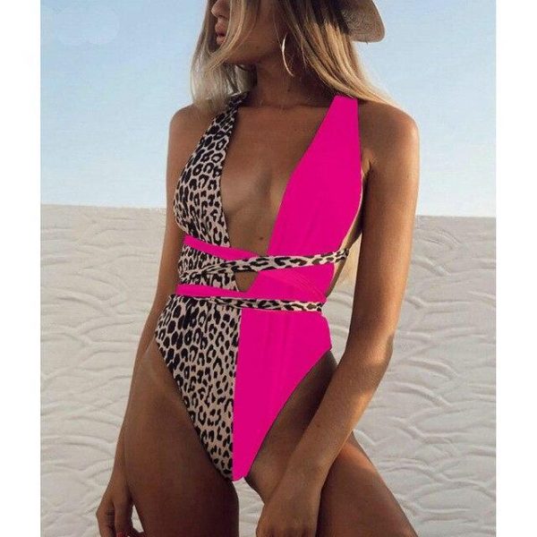 2021 Sexy Plunging Swimsuit One Piece High Cut Swimwear Women Cross Bandage Beachwear Summer Backless Bathing Suit Women - Takalr