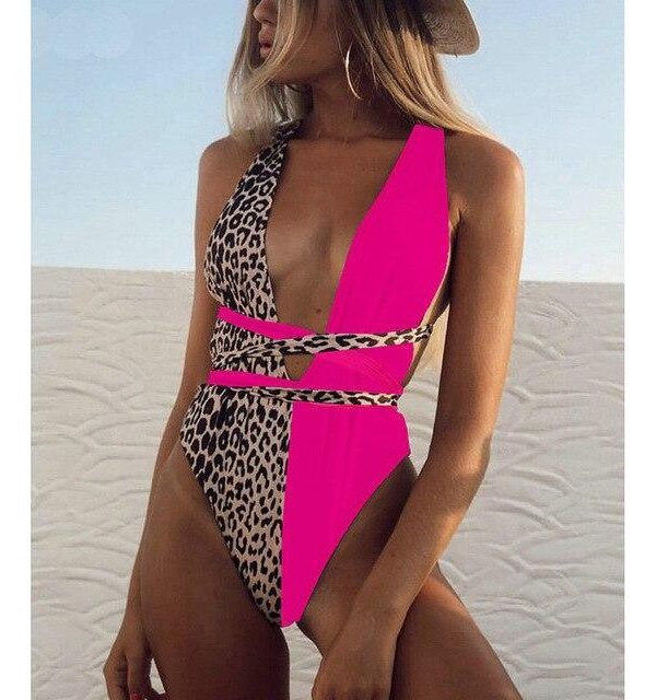 2021 Sexy Plunging Swimsuit One Piece High Cut Swimwear Women Cross Bandage Beachwear Summer Backless Bathing Suit Women - Takalr