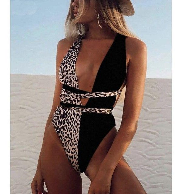 2021 Sexy Plunging Swimsuit One Piece High Cut Swimwear Women Cross Bandage Beachwear Summer Backless Bathing Suit Women - Takalr