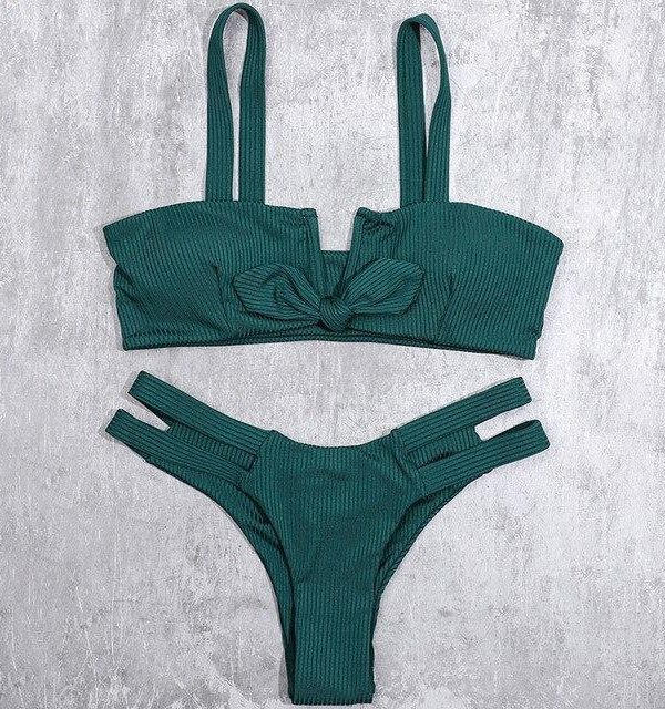 Bow Green Bikinis Push Up Bikini 2021 New Arrival Hollow Out Underwire Low Waist Swimsuit Sexy Swimwear Women Biquini - Takalr