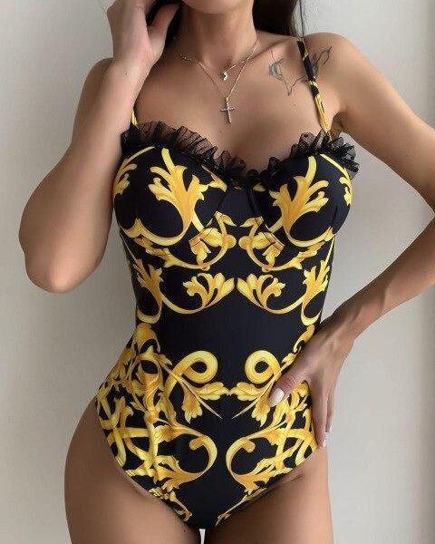 Sexy Printed Bra Cup Push Up One Piece Swimsuit Women Swimwear Female Lace Ruffled Frilled Bather Bathing Suit Swim - Takalr