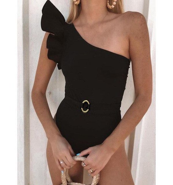 Sexy Solid Color Swimwear Women 2021New Arrival One The Shoulder Ruffles One Piece Swimsuit With Belt Backless Monokini - Takalr