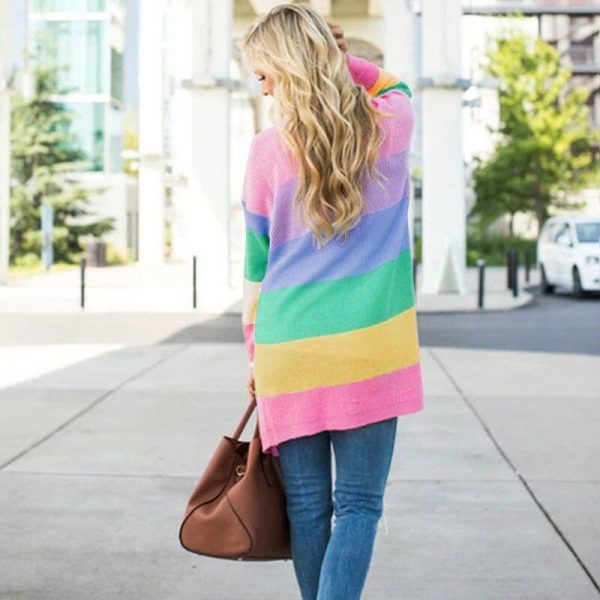 Rainbow color striped print cardigan Women open stitch long knitting sweater Autumn winter warm cardigans Casual pull femme - Takalr