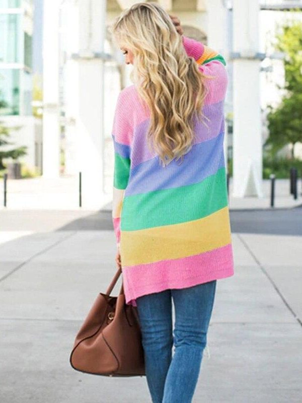 Rainbow color striped print cardigan Women open stitch long knitting sweater Autumn winter warm cardigans Casual pull femme - Takalr