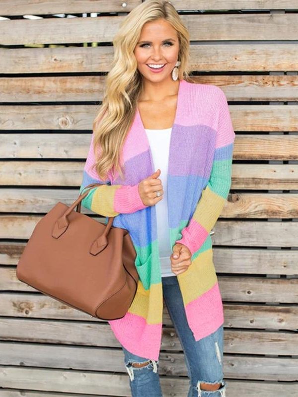 Rainbow color striped print cardigan Women open stitch long knitting sweater Autumn winter warm cardigans Casual pull femme - Takalr