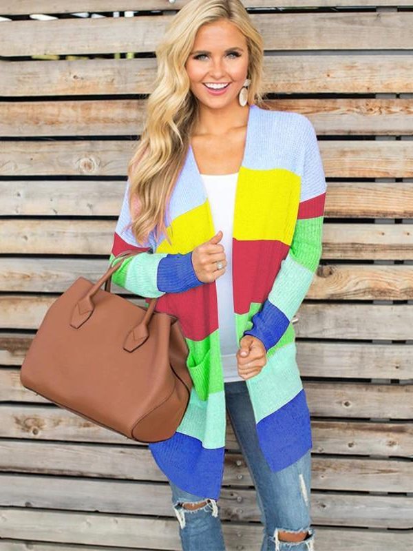 Rainbow color striped print cardigan Women open stitch long knitting sweater Autumn winter warm cardigans Casual pull femme - Takalr