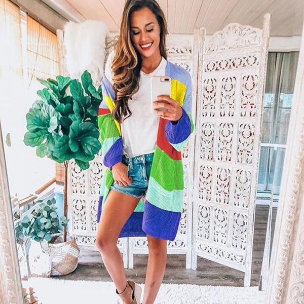 Rainbow color striped print cardigan Women open stitch long knitting sweater Autumn winter warm cardigans Casual pull femme - Takalr